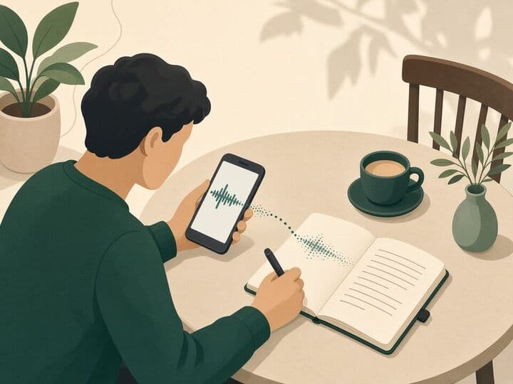 Persona pasando una nota de voz del móvil a texto en un cuaderno